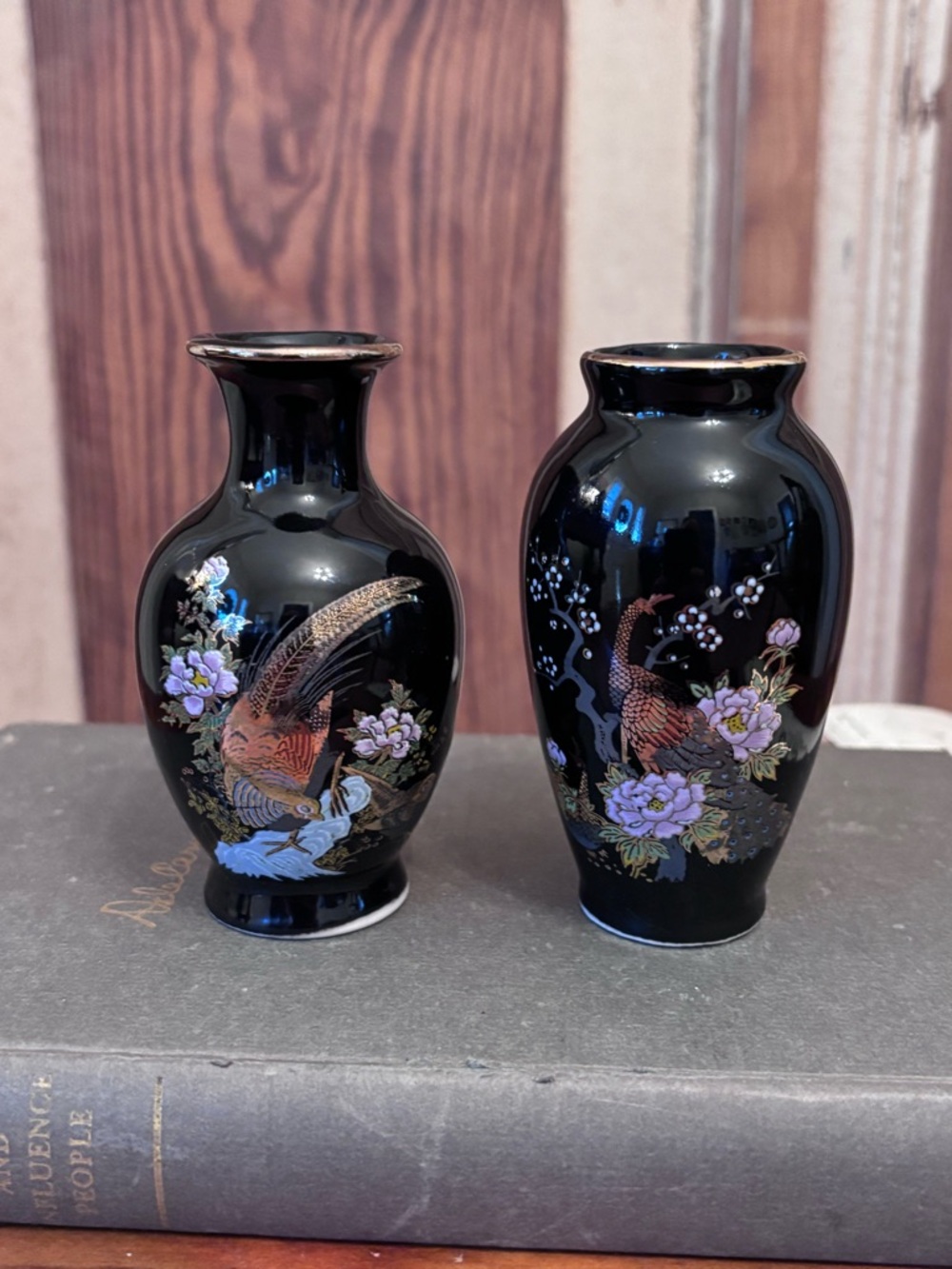 Black Floral Peacock Set of 2 Small Vases